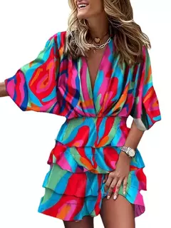 Imagem do Vestido feminino com decote em v, manga Batwing, babado elegante com renda, mini vestidos de praia, streetwear casual, moda solta, outono, 2024