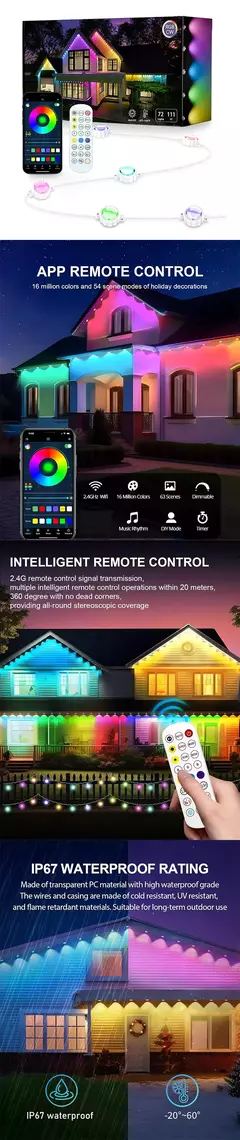 Luzes externas permanentes inteligentes rgbic beirais led bluetooth luz diy à prova d' água sincronização de música temporizador cordas festa natal feriado - loja online
