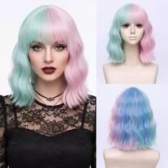 GAKA Peruca sintética feminina resistente ao calor curta ondulada em dois tons meio azul meio roxo para cosplay festas de Halloween - loja online