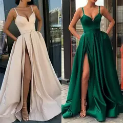 Imagem do Vestido de noite com fenda lateral profundo decote em V para mulheres, vestidos verdes sexy, comprimento do chão, saia de casamento, luxo 2022