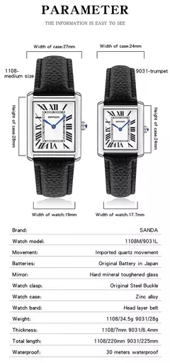 Relógio de quartzo masculino e feminino Sanda, 30m à prova d'água, casual, moda, pulseira de couro, mostrador quadrado, resistente ao desgaste na internet