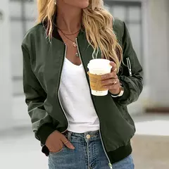 Jaqueta bomber fina feminina, manga comprida, casaco fino, corta-vento casual, gola alta, jaqueta com zíper, monocromática, moda outono - comprar online