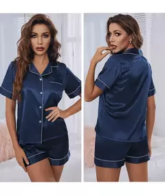 Conjunto de pijamas de cetim de seda feminino, conjunto de pijamas de duas peças, manga curta, loungewear button-down - loja online