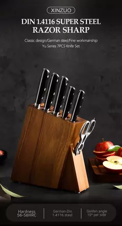XINZUO-Stainless Steel Kitchen Knives Set, Bloco de Alto Carbono, Ebony Handle, Cutelo, Peixe, Legumes Slicing Knife, 7Pcs