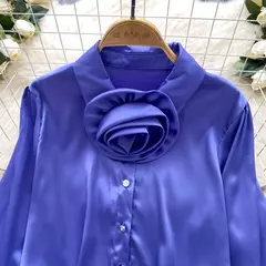 Imagem do Elegante cetim tridimensional flor manga longa lapela blusa chique vintage moda colheita topo feminino camisas de outono roupas
