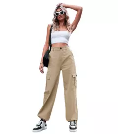 Calças cargo de algodão de cintura alta feminina, calça casual, perna larga, carga, verão, novo, 2023