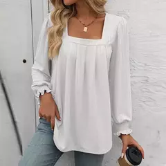 Camiseta feminina casual de manga comprida com gola quadrada, mangas folhada, design plissado, tops de pulôver, camisetas na moda