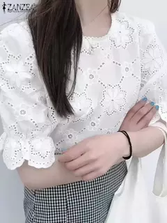 Imagem do ZANZEA-blusa de renda oca para mulheres, tops de manga curta folhada, túnica chique, tecido texturizado, moda coreana, verão, 2024
