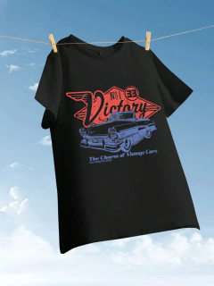 Camisetas de algodão de manga curta com decote em o feminino, charme de carros antigos, estampa vitoriosa, tops soltos, roupas de rua femininas, verão na internet