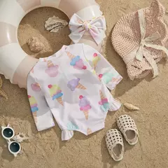 Ma & baby-maiô de manga comprida para menina 0 a 24 anos, impressão de sorvete, com zíper, para recém-nascido - loja online
