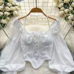 SINGREINY-Blusa Chiffon de Manga Flare para Mulheres, Tops Ruffle, Cintura Elástica Sólida, Halter Backless, Slim Ladies, Harajuku Sexy Blusa Curta - comprar online