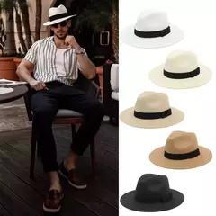 Chapéu Panamá de palha natural de aba larga para homens e mulheres, proteção UV, Fedora, chapéu de sol, verão de praia, atacado, tamanho grande, 56-58, 59-60cm, novo na internet