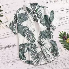 Camisa estampada de folhas havaianas masculina, feriado, manga curta, vermelho, gola virada para baixo, férias, tops de praia, roupa