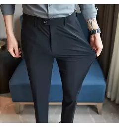 Calça elástica de seda gelada masculina, alta qualidade, respirável, casual, de negócios, escritório, social, primavera, verão, 2022 - loja online
