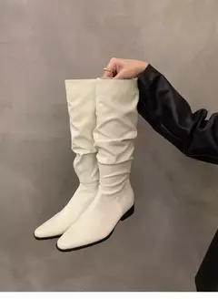 Botas altas para o joelho feminino, sapatos femininos, dobras deslizantes, salto baixo, dedo do pé redondo, plano, longo, moda, outono, inverno - comprar online