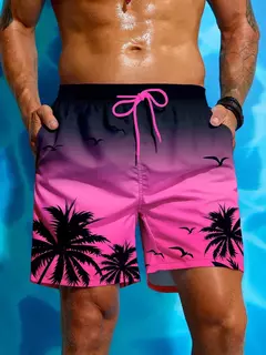 Homens com estampa palmeira com cordão cintura calções de bordo, moda sunga respirável streetwear curto, estampa 3D, férias de verão - Wolf Magazine