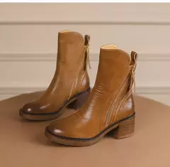 Botas de plataforma chelsea para mulheres, salto robusto, dedo do pé redondo, marrom, ankle boots, salto alto, couro, ao ar livre, novo na internet