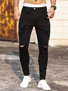 Moda masculina rua rasgado jeans preto puro estiramento apertado pequeno pé lápis calças namorado clube roupas denim ropa hombre na internet