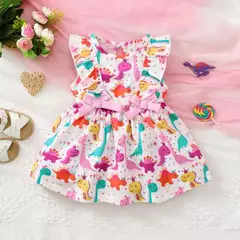 Vestido sem mangas de dinossauro pequeno para menina, saia legal dos desenhos animados, adequado para o verão à beira-mar e areia, moda para criança, 0 a 3 anos - loja online
