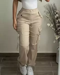 Calça cargosa com cordão longo feminina, calça algemada com cordão, moda casual diária, design versátil de bolso de rua, Primavera, 2022