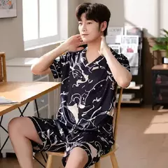 Imagem do Conjunto de pijama de seda gelo manga curta masculino, pijama casual fino de simulação, tamanho grande, roupa para casa, verão, 2 peças