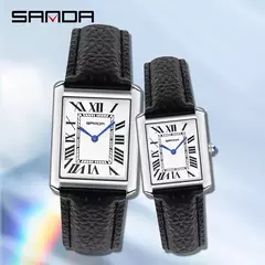 Relógio de quartzo masculino e feminino Sanda, 30m à prova d'água, casual, moda, pulseira de couro, mostrador quadrado, resistente ao desgaste