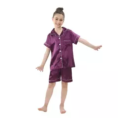 Conjunto de pijamas de cetim de seda infantil pijamas de bebê pijamas pijamas cor sólida, terno infantil, meninos, meninas, outono na internet