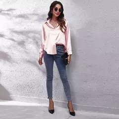 Blusa feminina de cetim manga longa, camisa cetim, tops de seda, vestuário europeu e americano, novo - loja online