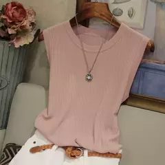Tops finos sem mangas com o pescoço em O feminino, coletes de malha, blusa casual, camisa verão, nova moda, 2024 na internet