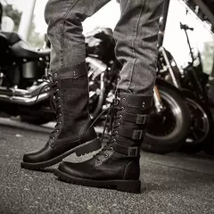 Botas masculinas luxuosas de cano médio, botas de couro para motocicleta, moda rendas até botas masculinas britânicas, bota de ciclismo de qualidade - loja online