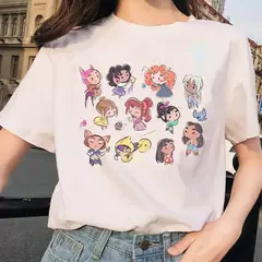 Desenhos animados kawaii feminino com estampa princesa, blusa branca com gola O, manga curta solta, algodão, verão na internet