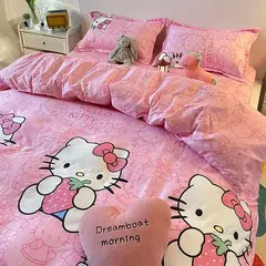 Imagem do Olá Kitty Queen Size Conjunto de cama, colcha, folha plana e fronhas, Pink Princess Dorm Suit, desenhos animados bonitos, 4 pcs por conjunto