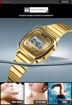 Skmei-Relógio de luxo em aço inoxidável para mulheres, contagem regressiva, relógio de pulso feminino, impermeável, relógio Chrono Digital, moda na internet