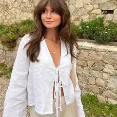 Camisas casuais de linho com renda para mulheres, oco, gola V, blusas de manga comprida, tops para senhora, streetwear, novo, primavera, 2022 - loja online