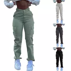 Imagem do Calças monocromáticas para mulheres, calças simples com zíper frontal, cintura alta, streetwear com vários bolsos, slim fit, moda streetwear, Y2k