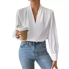 Pulôver de manga comprida com decote V feminino, camisa elegante, estilo britânico, tops urbanos, monocromático, confortável, blusa casual feminina, outono - loja online