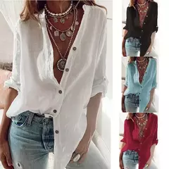 Camisa de linho de algodão feminina, monocromática, casual, solta, botão, decote em v, manga comprida, viajante, moda verão - comprar online