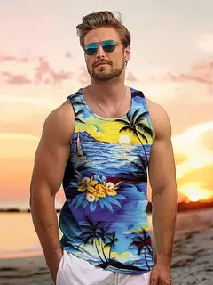 Tops soltos estilo havaiano masculino, colete de férias lazer, viagem ao ar livre, confortável, casual, estampa do sol