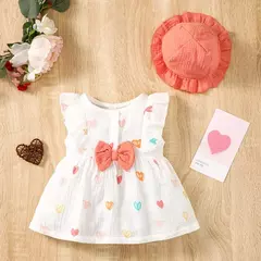 Vestido Sem Mangas do Recém-nascido com Chapéu, Conjunto de Roupas de Bebé Menina, Roupa Infantil Bonito, Love Print, Moda Verão, 0-9Months, 2Pcs