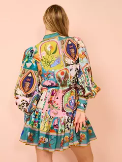 Imagem do Mini saia feminina estampada, peito único, pescoço em pé, manga bolha, cintura com gravata, comprimento do joelho, vestido-camisa, moda verão, 2024