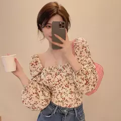 Camisa feminina de gola quadrada, manga folhada sensual, tops vintage com estampa floral, camisa que combina com tudo, primavera e verão - comprar online