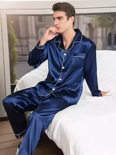 Conjuntos de pijama de seda manga comprida masculino, pijama de seda masculino, pijama de seda para casa, loungewear plus size, roupa de dormir, novo