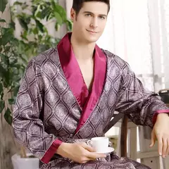 Kimono de cetim dourado roupão de banho masculino, roupão de seda, vestido longo, camisola geométrica do lounge, roupa de dormir plus size XL, 4XL, 5XL - Wolf Magazine