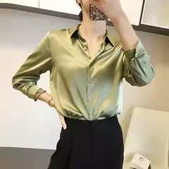 Camisas e blusas femininas com acabamento acetinado, blusa casual, manga comprida, botão, camisas elegantes, roupa francesa, monocromáticas, todos os fósforos, OL - loja online