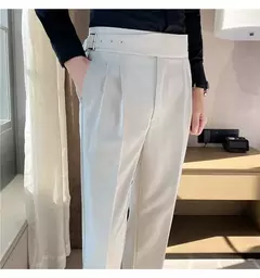 Imagem do Estilo britânico dos homens de cintura alta vestido casual calça masculina cinto design calças finas formal escritório social vestido de festa de casamento terno calças