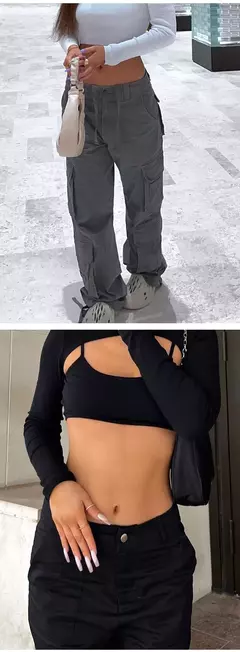 Calça jeans larga de cintura alta feminina, calça cargo cinza, calça larga, moda casual, bolsos múltiplos, estilo de rua Hip Hop, mãe, vintage, verão - comprar online