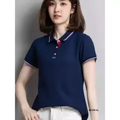 Camisa polo feminina de algodão solto, manga curta, blusa esportiva casual com lapela, camisa de negócios preto e branco, verão feminino - Wolf Magazine
