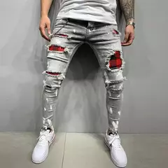 Imagem do Calça jeans rasgada e skinny masculina, calça lápis jeans casual, stretch slim fit, remendos de endotécio, buraco de grade, nova moda