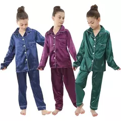 Conjunto de pijamas de cetim de seda infantil pijamas de bebê pijamas pijamas cor sólida, terno infantil, meninos, meninas, outono - loja online
