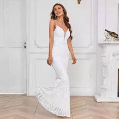 Vestido Maxi Lantejoula Branco Feminino, Vestido Sexy Strap, Vestido de festa longo na internet